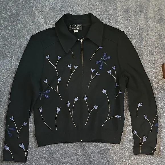 St. John Collection Black Zip-Front Jacket with Dragonfly Embroidery-Beautiful! - Picture 2 of 6